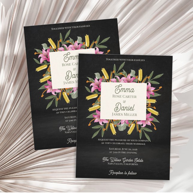 Dark Blush Pink Lily Botanical Wedding Invitation Postcard (Dark Blush Pink Lily Botanical Wedding Invitation | Moody Black Floral Elegant Garden Wedding Invite)