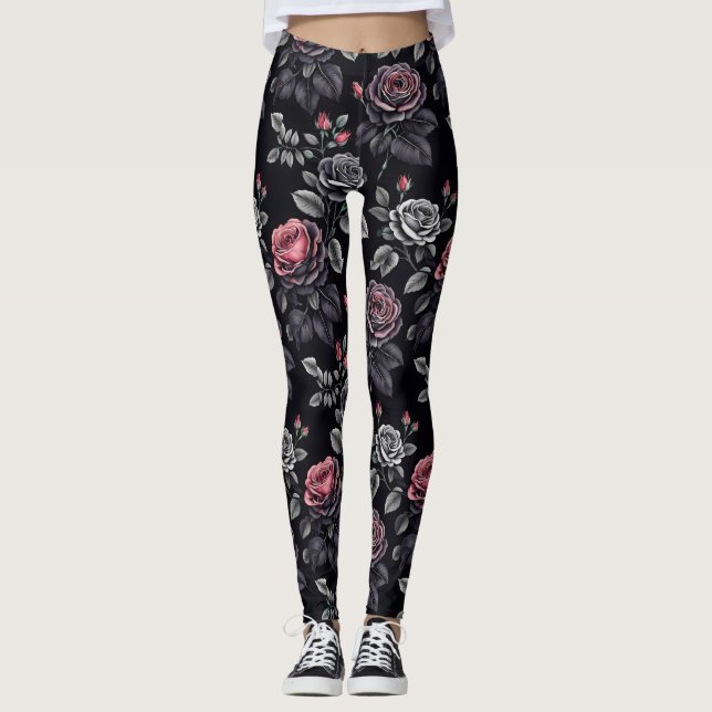Dark Blush Roses Floral Art design Leggings (Front)