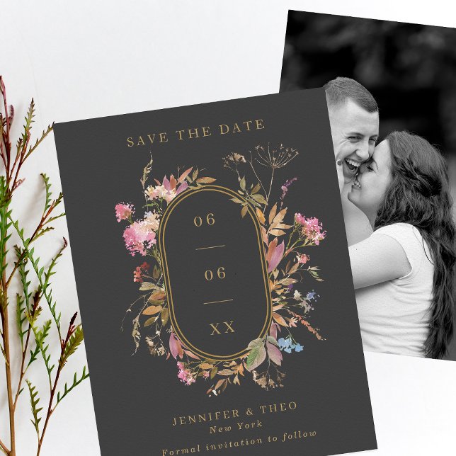 Dark Bohemian Wildflower Pill Frame Wedding Photo Save The Date (Creator Uploaded)