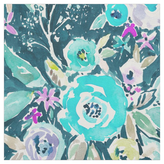 Dark Boho Blue Floral Watercolor Pattern Fabric (Swatch)