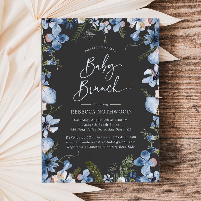 Dark Boho Dusty Blue Floral Baby Shower Brunch Invitation (Creator Uploaded)