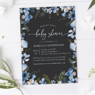 Dark Boho Grey Blue Floral Boy Baby Shower Invitation