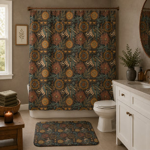 Dark Boho Terracotta Sage Botanical Pattern Bath Mat