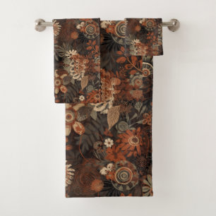 Dark Boho Terracotta Sage Botanical Pattern  Bath Towel Set