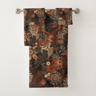 Dark Boho Terracotta Sage Botanical Pattern  Bath Towel Set