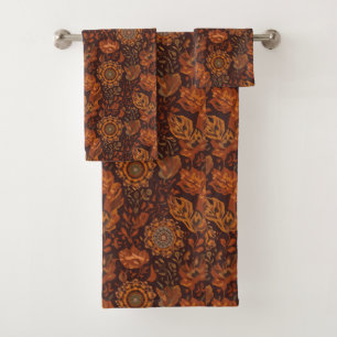 Dark Boho Terracotta Sage Botanical Pattern Bath Towel Set
