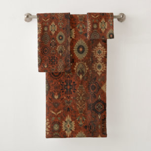 Dark Boho Terracotta Sage Botanical Pattern Bath Towel Set
