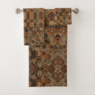 Dark Boho Terracotta Sage Botanical Pattern Bath Towel Set