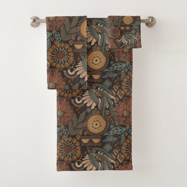 Dark Boho Terracotta Sage Botanical Pattern Bath Towel Set (Insitu)