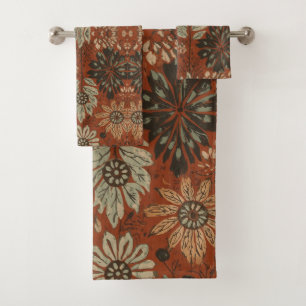 Dark Boho Terracotta Sage Botanical Pattern Bath Towel Set