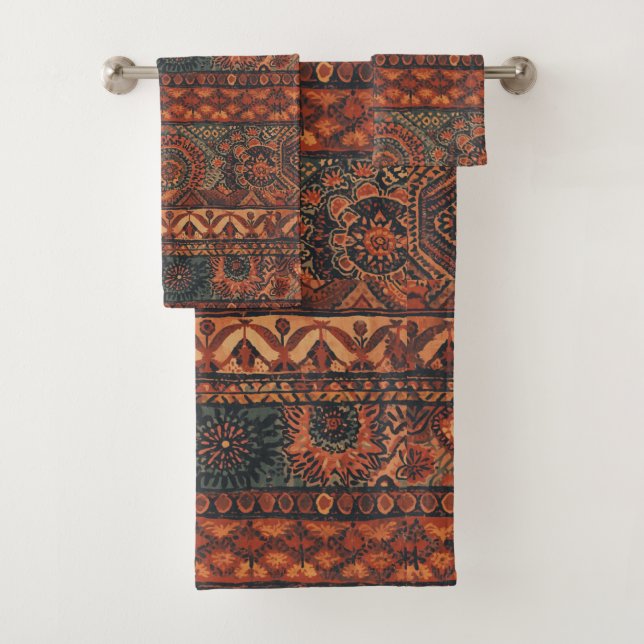 Dark Boho Terracotta Sage Botanical Pattern  Bath Towel Set (Insitu)