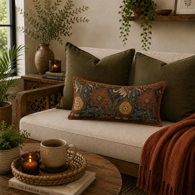 Dark Boho Terracotta Sage Botanical Pattern Lumbar Cushion (Creator Uploaded)