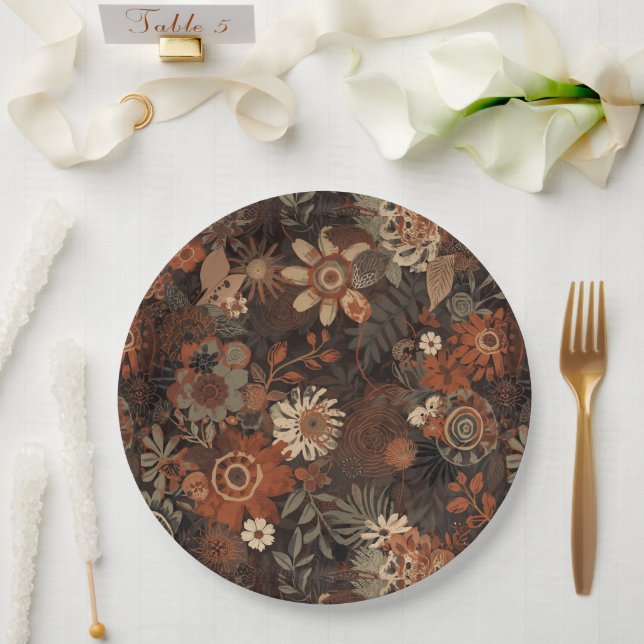 Dark Boho Terracotta Sage Botanical Pattern  Paper Plate (Wedding)