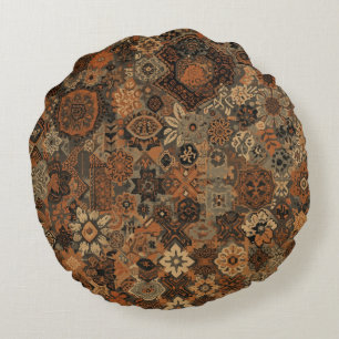 Dark Boho Terracotta Sage Botanical Pattern Round Cushion