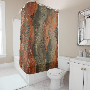 Dark Boho Terracotta Sage Botanical Pattern  Shower Curtain