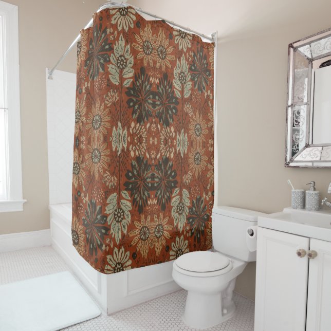 Dark Boho Terracotta Sage Botanical Pattern  Shower Curtain (In Situ)