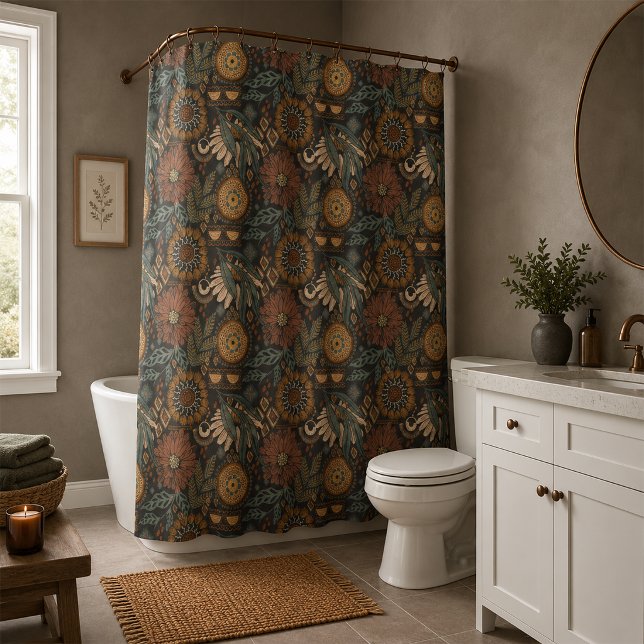 Dark Boho Terracotta Sage Botanical Pattern Shower Curtain (Creator Uploaded)