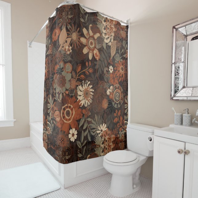 Dark Boho Terracotta Sage Botanical Pattern  Shower Curtain (In Situ)