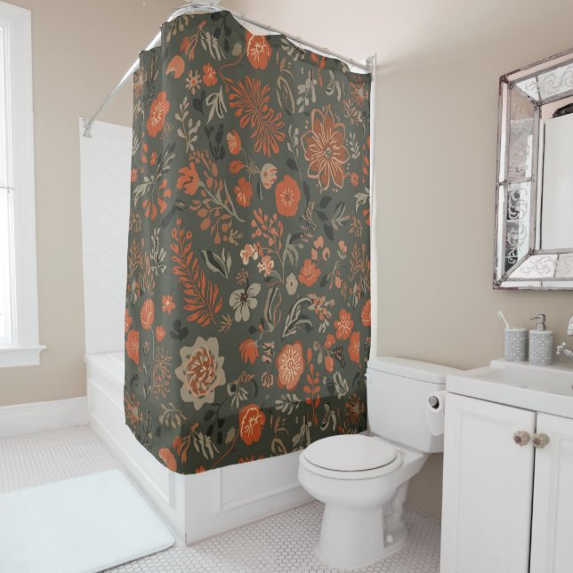 Dark Boho Terracotta Sage Botanical Pattern  Shower Curtain (In Situ)