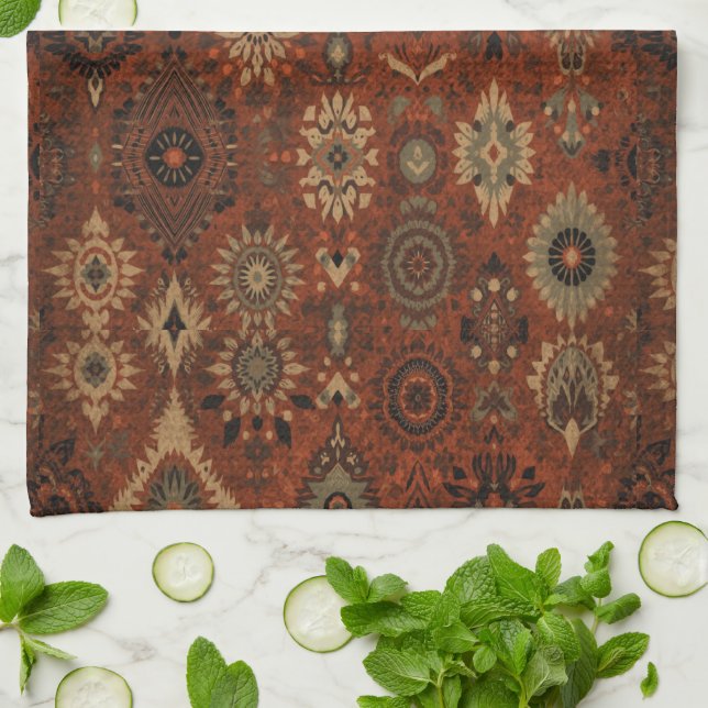 Dark Boho Terracotta Sage Botanical Pattern  Tea Towel (Folded)