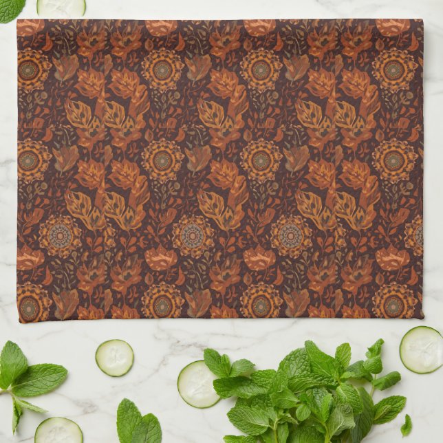 Dark Boho Terracotta Sage Botanical Pattern  Tea Towel (Folded)