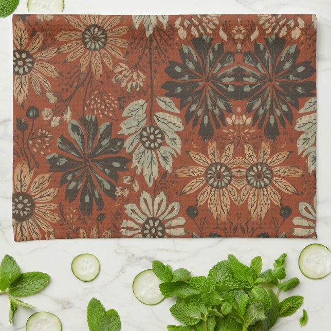 Dark Boho Terracotta Sage Botanical Pattern  Tea Towel (Folded)