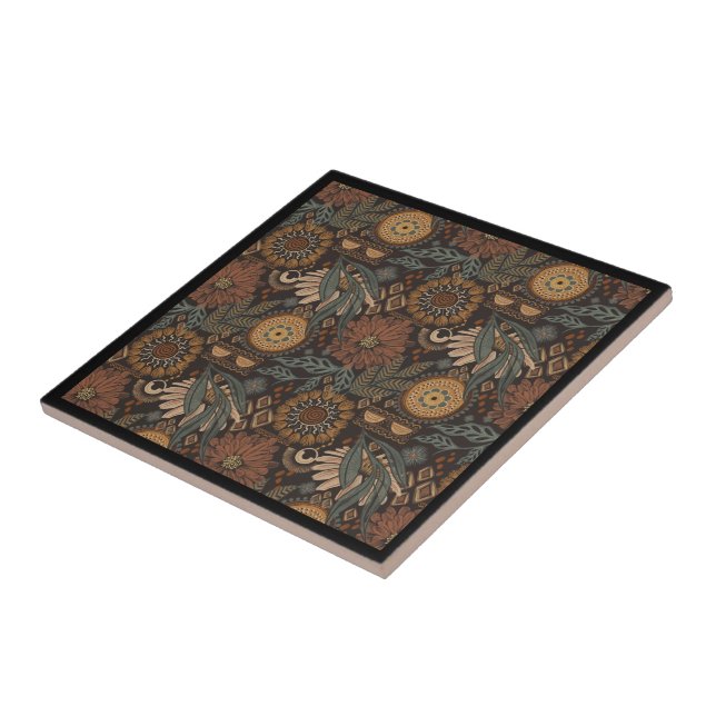 Dark Boho Terracotta Sage Botanical Pattern Tile (Side)