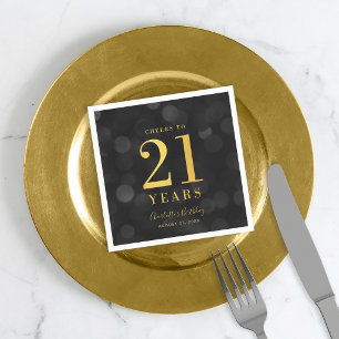 Dark Bokeh Faux Gold Cheers to 21 Years Birthday Napkin