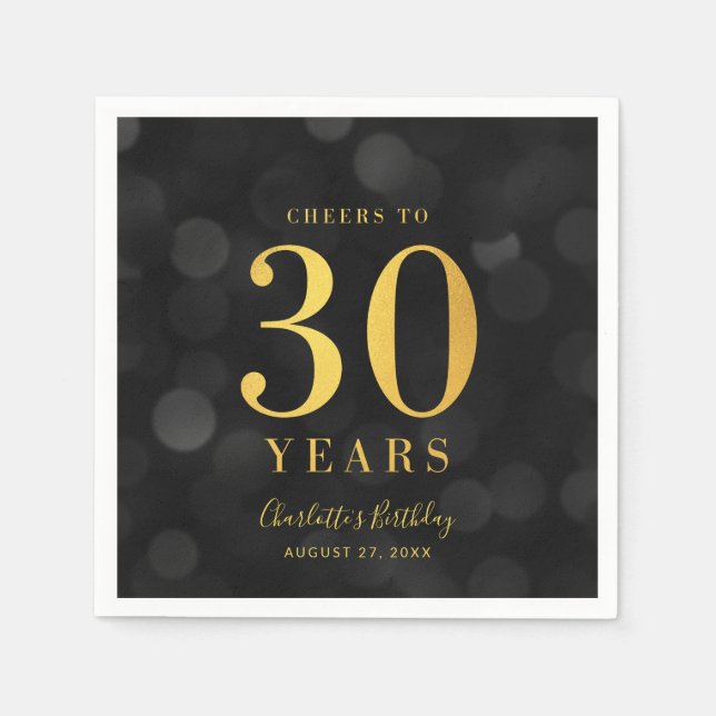 Dark Bokeh Faux Gold Cheers to 30 Years Birthday Napkin (Front)