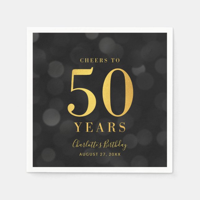 Dark Bokeh Faux Gold Cheers to 50 Years Birthday Napkin (Front)