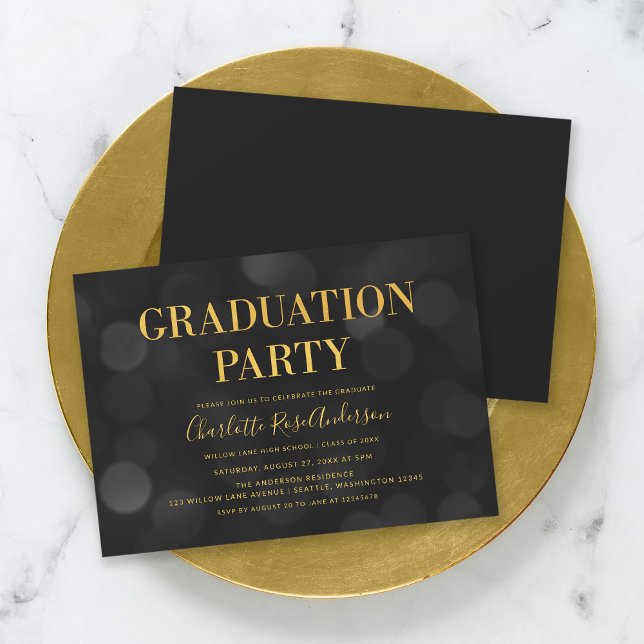 Dark Bokeh Faux Gold Graduation Party Invitation (Creator Uploaded)