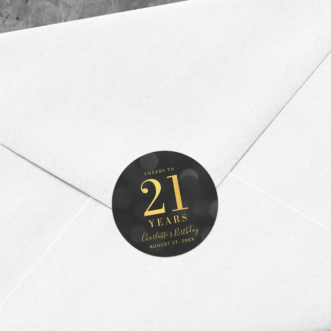 Dark Bokeh Gold Cheers to 21 Years Birthday Classic Round Sticker (Creator Uploaded)