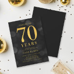 Dark Bokeh Gold Cheers to 70 Years Birthday Party Invitation<br><div class="desc">Classy 70th Birthday Party invitation featuring the words "Cheers to 70 Years" in faux gold foil against a dark grey bokeh pattern background. Invitation has a dark grey background back side. Personalise this invitation with your details by replacing the placeholder text. For more options such as to change the font,...</div>