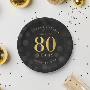 Dark Bokeh Gold Cheers to 80 Years Birthday Paper Plate