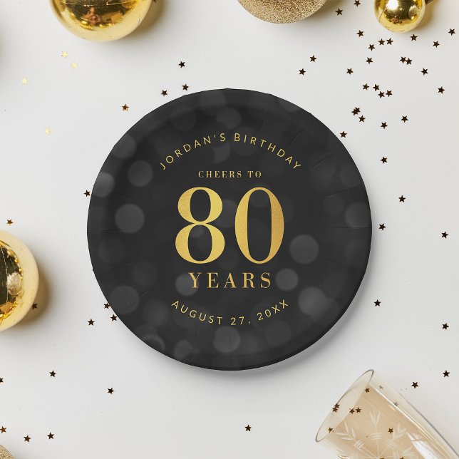 Dark Bokeh Gold Cheers to 80 Years Birthday Paper Plate (Creator Uploaded)
