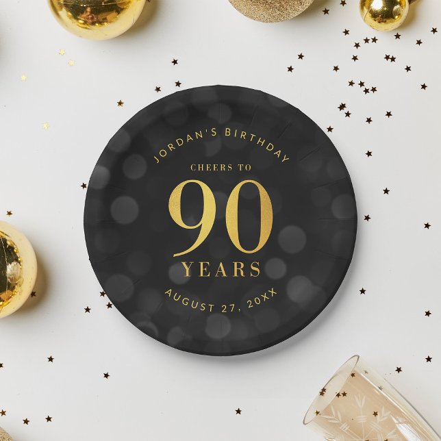 Dark Bokeh Gold Cheers to 90 Years Birthday Paper Plate (Creator Uploaded)