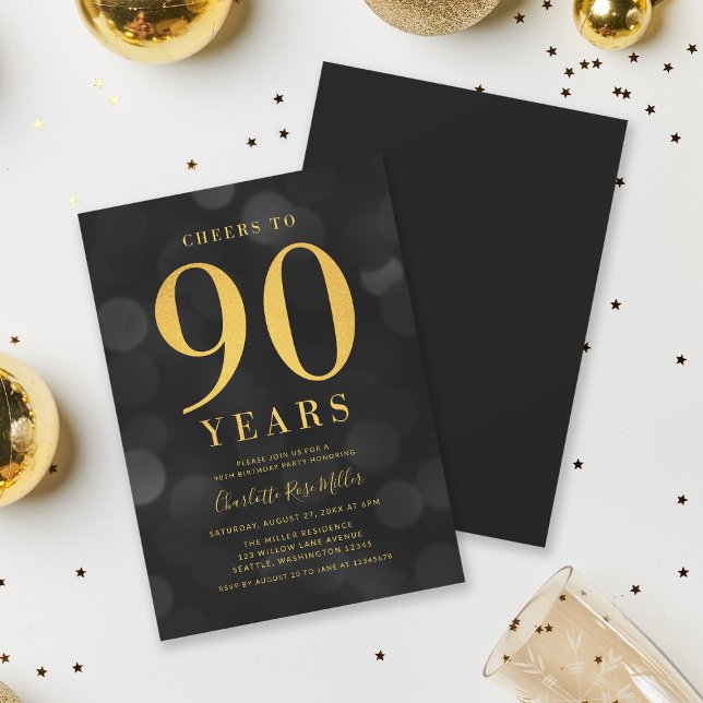Dark Bokeh Gold Cheers to 90 Years Birthday Party Invitation (Creator Uploaded)