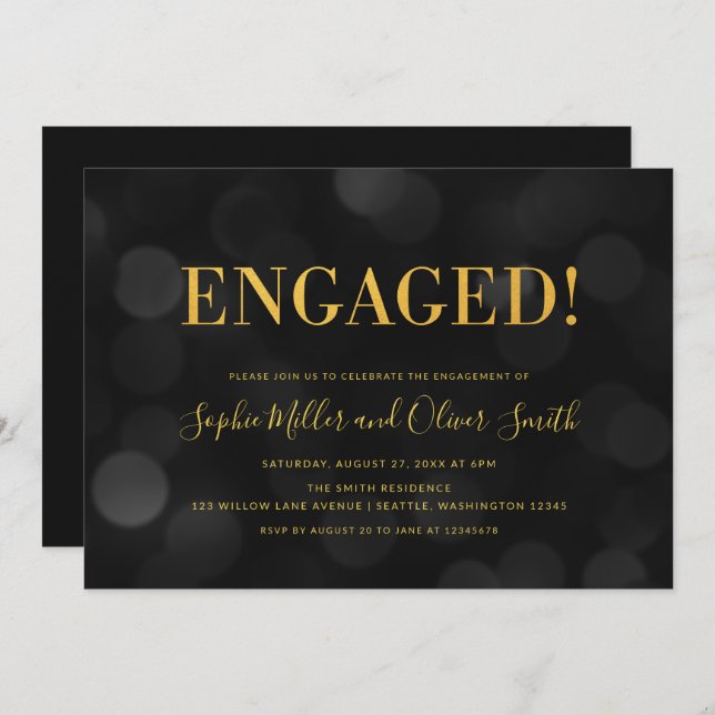 Dark Bokeh Lights Faux Gold Engagement Party Invitation (Front/Back)