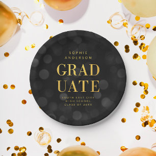 Dark Bokeh Lights Faux Gold Graduate Graduation Paper Plate