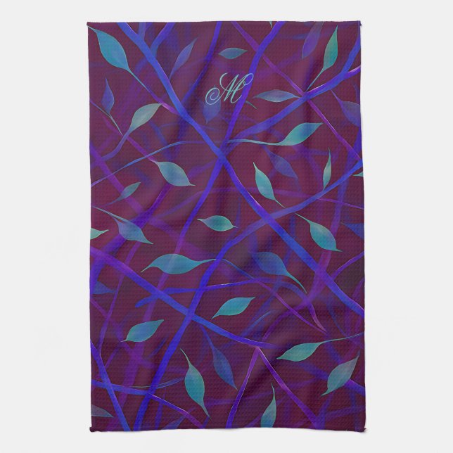 Dark Botanical Burgundy Jewel Foliage Monogram Tea Towel (Vertical)