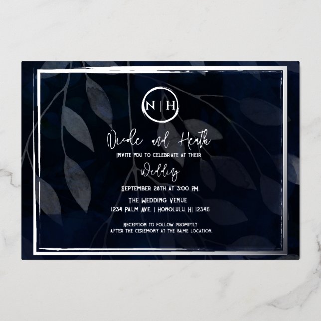 Dark Botanical Elegant Navy Blue & Silver Wedding  (Front)