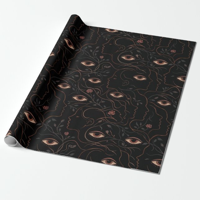 Dark Botanical Faces Wrapping Paper (Unrolled)