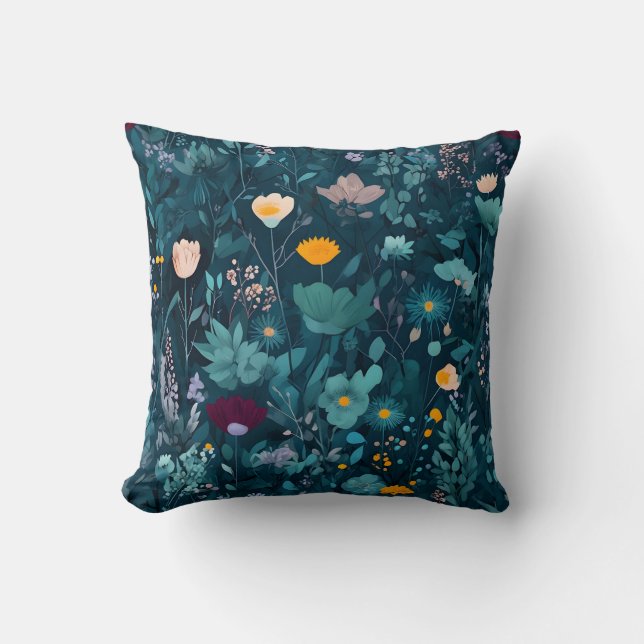 Dark Botanical Floral Pattern Throw Pillow (Front)