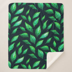 Dark Botanical Green Leaves Abstract Ink Pattern Sherpa Blanket