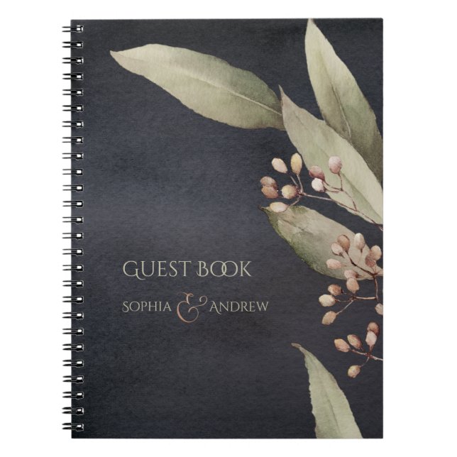 Dark botanical greenery vintage rustic wedding spiral notebook (Front)