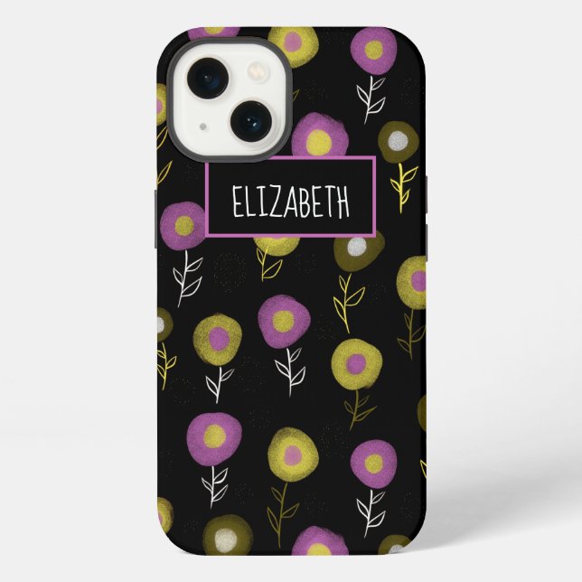 Dark Botanical Purple Green Black Pattern Name iPhone Case (Back)