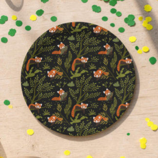 Dark Botanical Red Panda Wild One Birthday Paper Plate