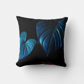 Dark Botanical Throw Pillow – Blue Leaf Accent Pil