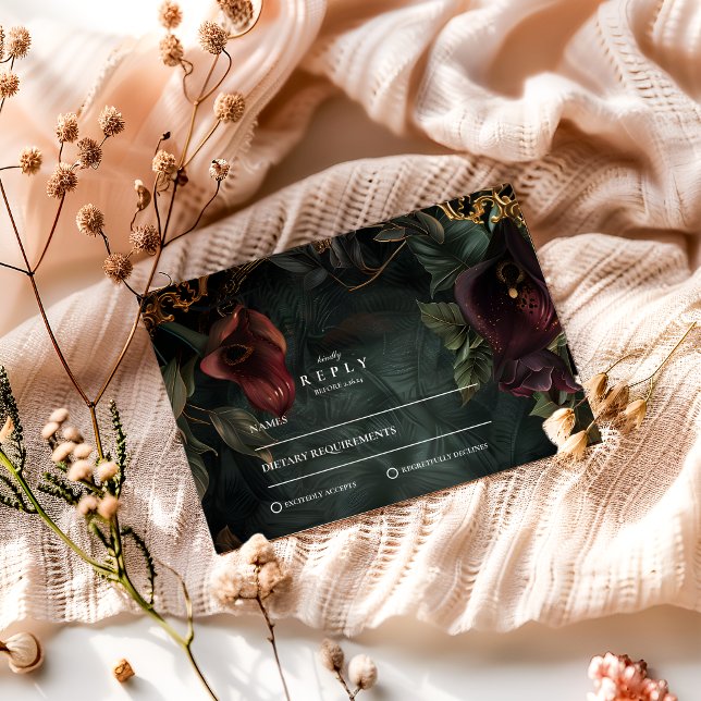 Dark Botanical Wedding Aesthetic RSVP Card (Creator Uploaded)