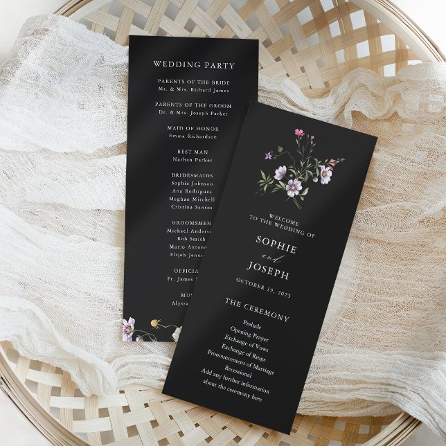 Dark Botanical Wildflowers | Elegant Wedding Programme (Simple and elegant botanical wildflowers decorate these trendy wedding programs)